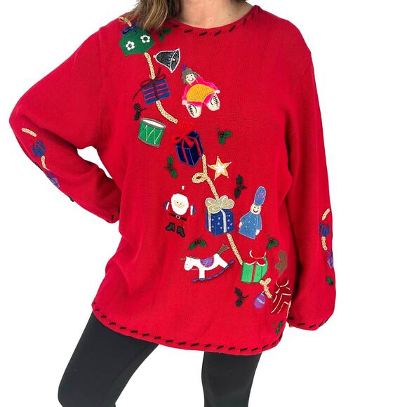 Vintage Red Christmas Sweater Embroidered Santa Toys Gifts Holiday Pullover - Picture 1 of 11
